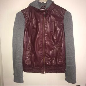 Double Layer Hooded Maroon Faux Leather Jacket.